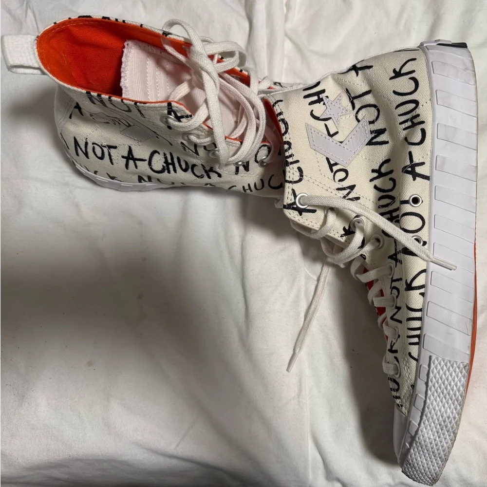 Converse White High-Top Sneakers with Orange Lining and Handwritten Graphic - Picture 5 of 5